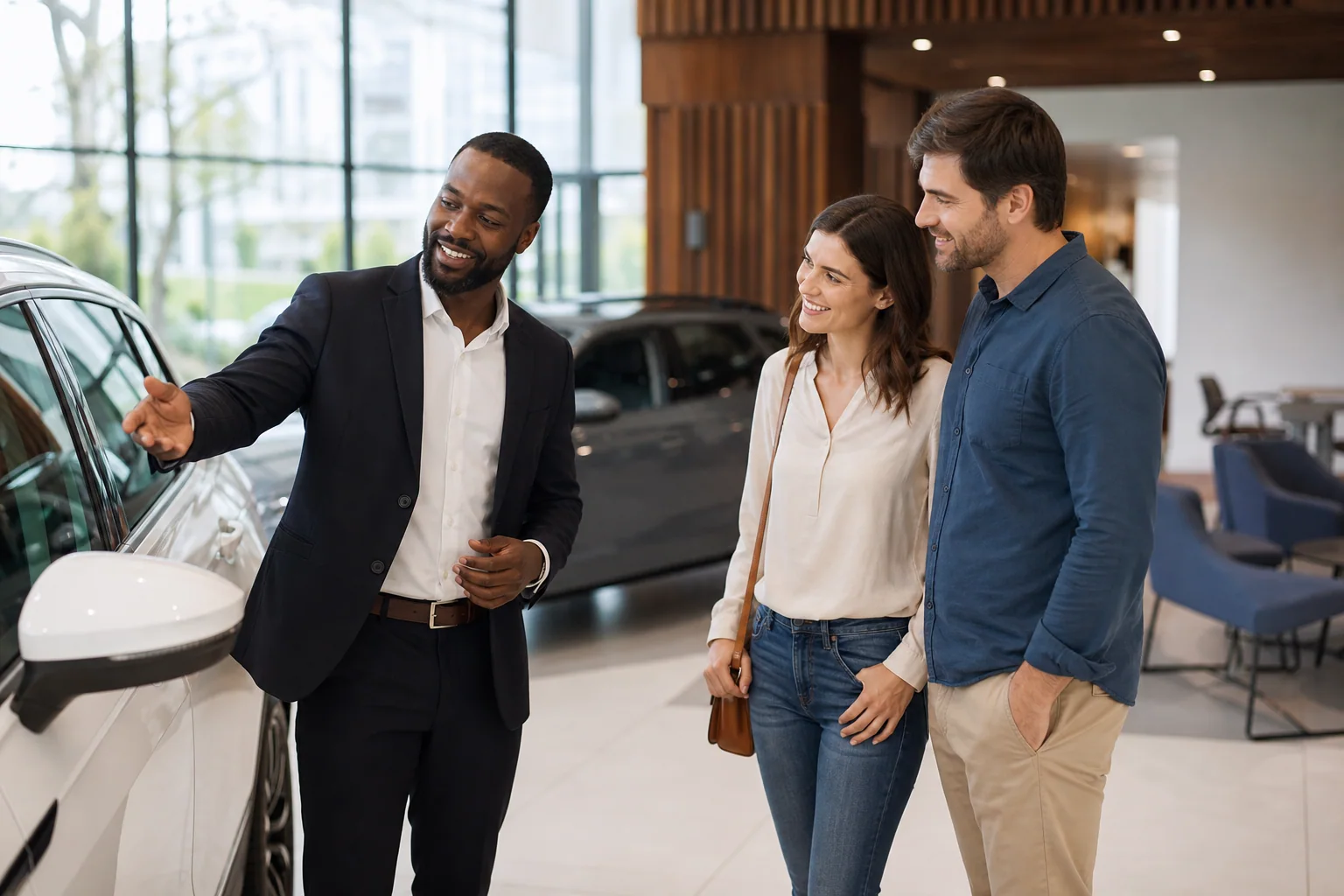 A Miller Motors advisor helping customers in the showroom